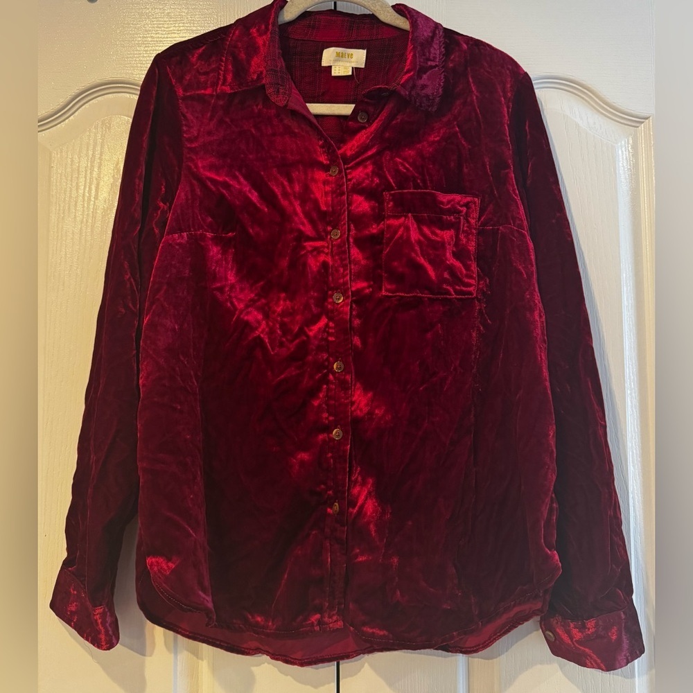 Anthropologie Maeve Velvet Red Button Down Blouse - Size 10